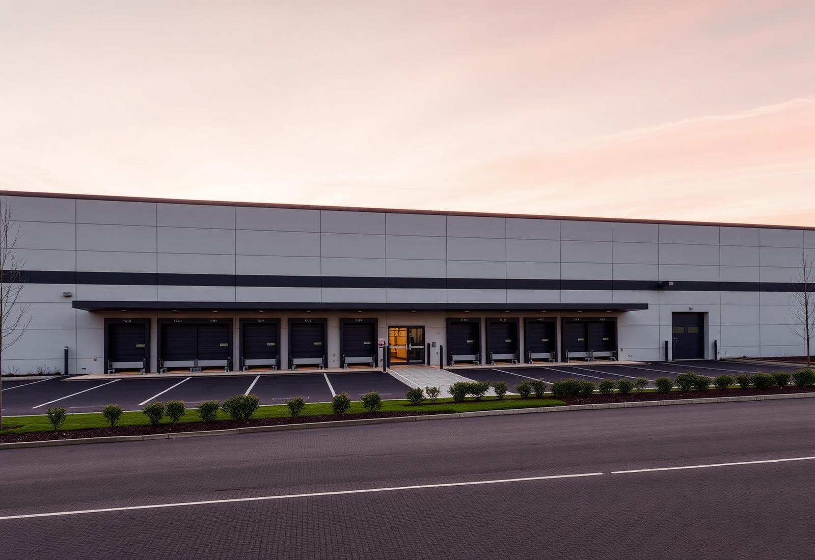 Modern Dutch distribution centre at dusk